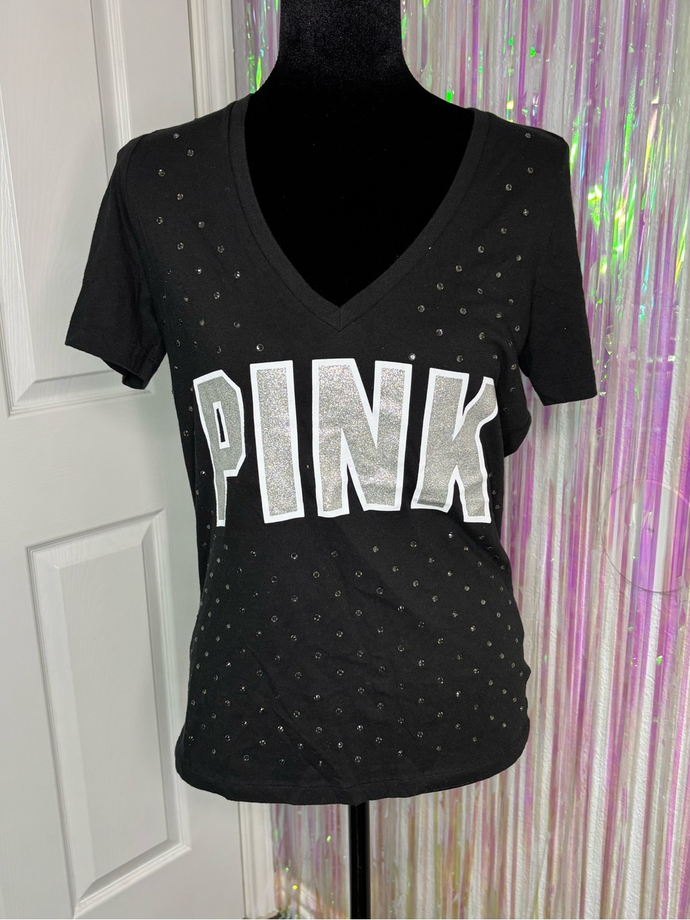 PINK Victoria’s Secret Black V-Neck Rhinestones & Silver Glitter Logo Tee Sz S